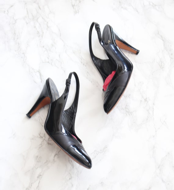 black patent leather slingback heels