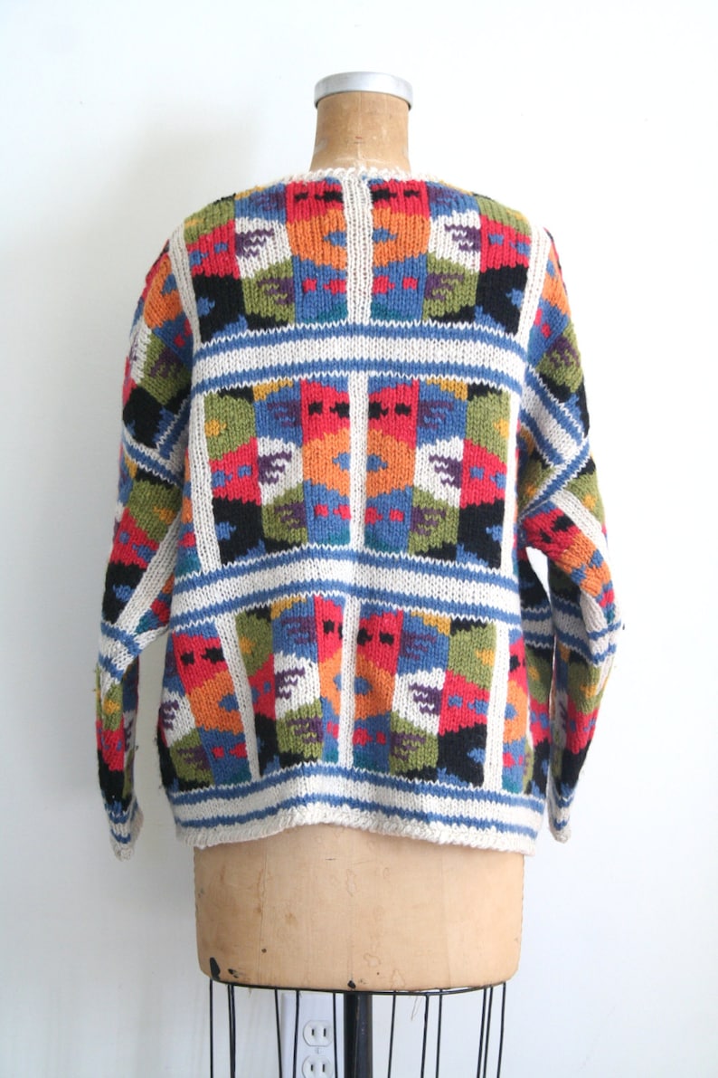 hand knit sweater Southwestern style wool sweater colorful wool cardigan vintage hand knit wool cardigan sweater