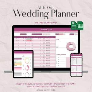 May include: A digital wedding planner displayed on a laptop, tablet, and smartphone. The screen shows a budget planner with a pink and white colour scheme. Text includes "All-in-One Wedding Planner" and "Instant Download."