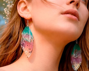 Pendientes colgantes de alas de mariposa en oro o plata, pendientes de alas de hada de resina, joyería élfica de fantasía, regalo de cumpleaños para novia