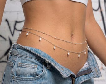 二重構造のベリーチェーン、繊細なパールウエストチェーン、夏のビキニボディジュエリー（シルバー＆ゴールド）