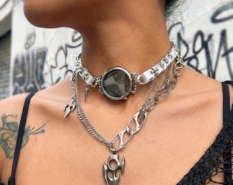 Cyberpunk Watch Choker Necklace | Steampunk Silver Layered Chain Pendant | Y2K Industrial Gothic Jewelry Gift