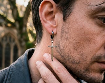 Mens Sword Dangle Earrings, Unisex Dagger Huggie Hoops, Minimalist Brutalist Gothic Jewelry Black Silver