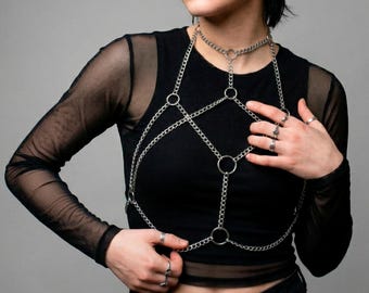 Metall Körper Kette Silber | Brust Harness Bralette | Punk Goth Y2K Schmuck | Rave Festival Zubehör