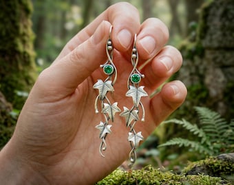 Elves Ivy Dangle Earrings with Emerald Green Stone & Leaf, Fantasy Elven Jewelry Sterling Silver, Girlfriend Gift
