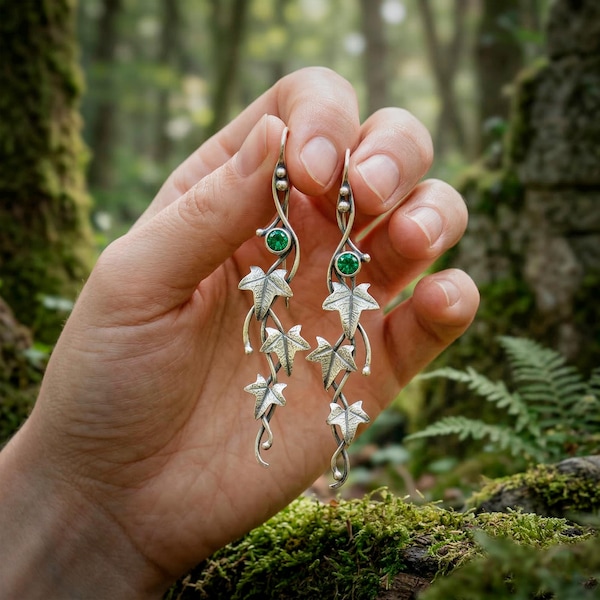 Elves Ivy Dangle Earrings with Emerald Green Stone & Leaf, Fantasy Elven Jewelry Sterling Silver, Girlfriend Gift