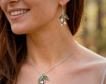 Flower Dangle Earrings & Necklace - Gift Jewelry Set, Silver Enamel Bell Lily Matching Drop Pendant