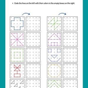 Könnte beinhalten: Ein pädagogisches Arbeitsblatt mit dem Titel Line Coding, das zehn quadratische Raster mit Punktmustern enthält. Die linke Spalte zeigt verschiedene geometrische Formen aus blauen, rosa, grünen, roten und violetten Linien, während die rechte Spalte leere Raster enthält.