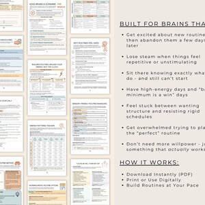 May include: A digital download featuring several pages of a planner with text and graphics. The pages include titles such as "ADHD Brains & Dopamine - The Basics" and "Built for Brains That." The planner is designed to help with routines.