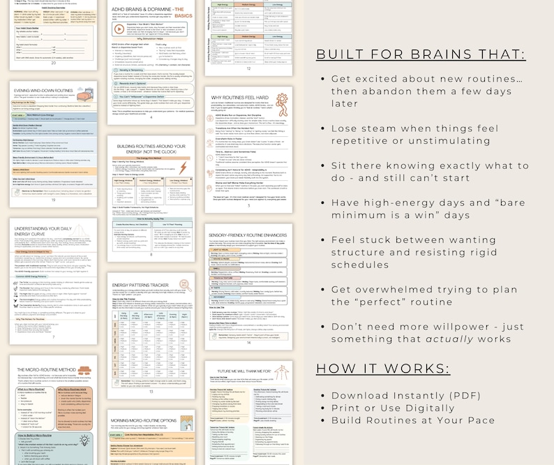 May include: A digital download featuring several pages of a planner with text and graphics. The pages include titles such as "ADHD Brains & Dopamine - The Basics" and "Built for Brains That." The planner is designed to help with routines.