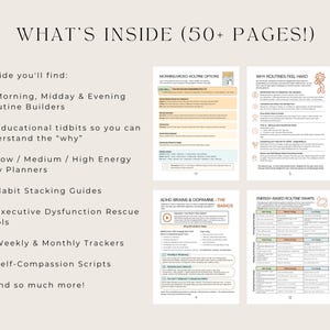 May include: A digital planner with the text "WHAT'S INSIDE (50+ PAGES!)". The planner includes sections on routine builders, day planners, habit guides, and trackers. The pages are beige with black and orange text.