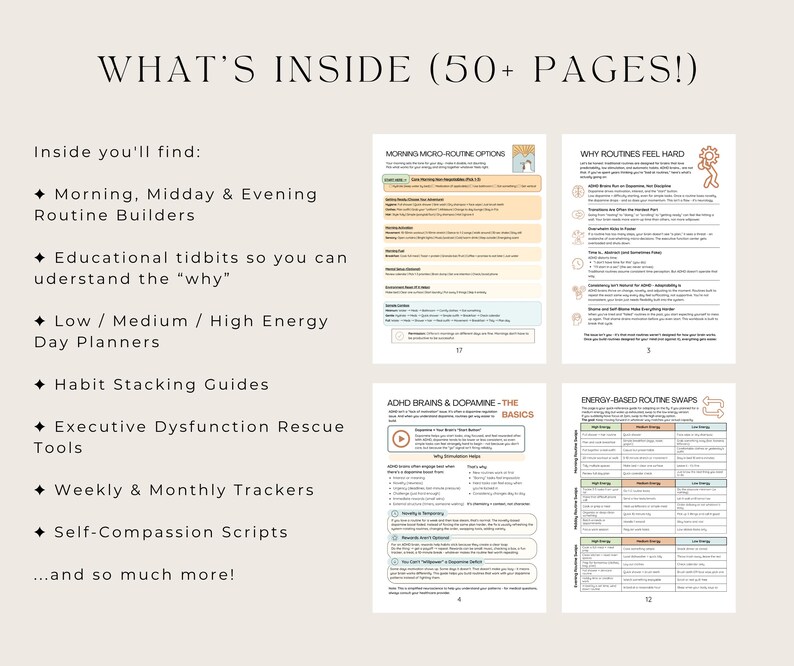 May include: A digital planner with the text "WHAT'S INSIDE (50+ PAGES!)". The planner includes sections on routine builders, day planners, habit guides, and trackers. The pages are beige with black and orange text.