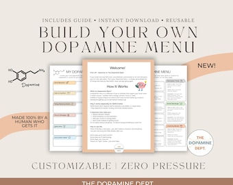 May include: A digital download titled "Build Your Own Dopamine Menu." The image features a guide with the text "Includes Guide, Instant Download, Reusable." The design includes the text "Customizable | Zero Pressure" and the brand name "The Dopamine Dept."