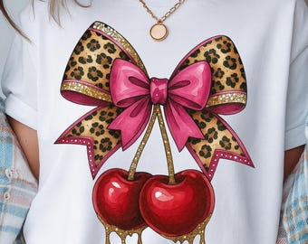 Trendy Cherry PNG, Leopard Print Bow PNG, Glam Fruit Png, Cute Pink Glitter Cherries, Summer Vibes Shirt, Sweet Glam Cherries, Trendy Bow