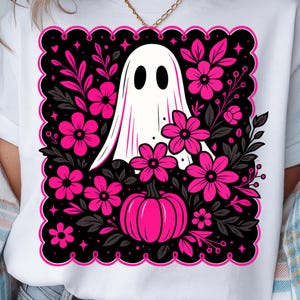 Pink Halloween PNG, Cute Ghost Png, Pink Floral Ghost Png, Pink Halloween, Boho Halloween Ghost Png, Pink and Black Halloween Floral Ghost