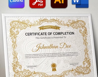 Certificat de fin d'études modifiable Canva, certificat de récompense professionnelle, certificat PDF imprimable, certificat élégant avec bordure dorée