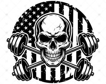Tête de mort avec haltères SVG PNG : conception patriotique de gymnase, chemise de fitness drapeau américain, cadeau d'entraînement, 4 juillet, SVG, téléchargement immédiat
