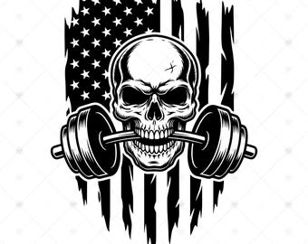Tête de mort avec haltères SVG PNG : conception patriotique de gymnase, chemise de fitness drapeau américain, cadeau d'entraînement, 4 juillet, SVG, téléchargement immédiat