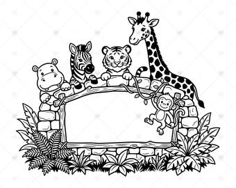 Zoo Animals Sign SVG PNG: Rustic Jungle Frame, Safari Kids Name Board, Tiger Zebra Giraffe, Nursery, SVG, Instant Download