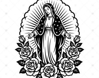 Virgin Mary SVG: Our Lady of Guadalupe Roses, Catholic Religious Gift, Tattoo Style, Latino Heritage, SVG, PNG, Instant Download