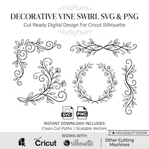 Pode incluir: Design digital em preto e branco com redemoinhos decorativos de videira nos formatos SVG e PNG. Inclui designs de canto, grinaldas florais e bordas de videira. Compatível com máquinas de corte Cricut e Silhouette. Texto: "DECORATIVE VINE SWIRL SVG & PNG."