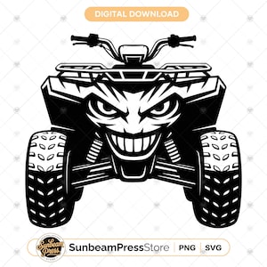May include: A black and white digital graphic of an ATV featuring a stylised, aggressive face with sharp eyes and a wide, toothy grin on the front body panel. The design includes handlebars, a front rack, and knobby tyres. Text reads DIGITAL DOWNLOAD.