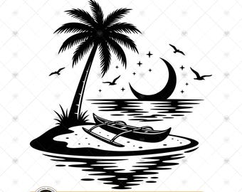 Tropical Island Moon SVG | Palm Tree Beach Cut File