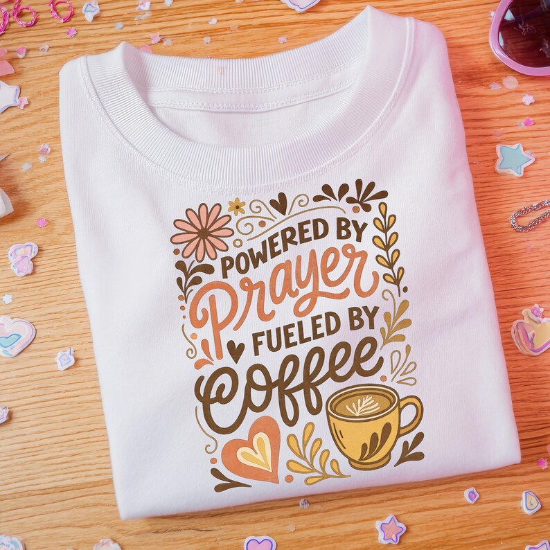 May include: White crew neck t-shirt with the text "Powered by Prayer Fueled by Coffee" in a decorative design. The design includes a coffee cup, flowers, and hearts. The shirt is folded on a wooden surface.