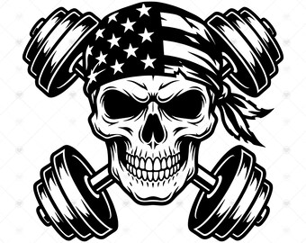Skull Gym Bandana SVG PNG : bandeau drapeau américain, chemise de fitness haltères croisés, 4 juillet, SVG, téléchargement immédiat