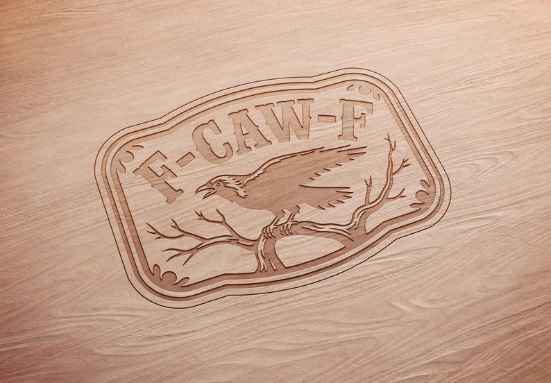 May include: A wooden sign with the text "F-CAW-F" and a detailed carving of a raven perched on a branch. The sign has a decorative border and is set against a wood grain background.