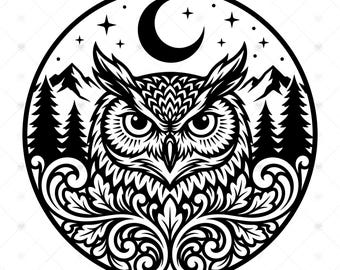 Owl Moon SVG PNG: Mystical Forest Circle, Crescent Night Sky, Baroque Scrollwork, Owl Shirt Gift, SVG, Instant Download