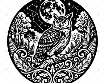 Owl On Branch SVG: Woodland Full Moon Circle, Constellation Night Forest, Owl Lover Gift, SVG, PNG, Instant Download
