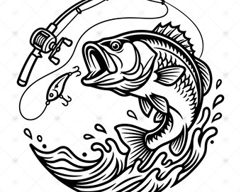 Pêche à l'achigan SVG PNG : scène de leurre achigan à grande bouche, cadeau de papa pêcheur, décoration de maison sur le lac, SVG, téléchargement immédiat