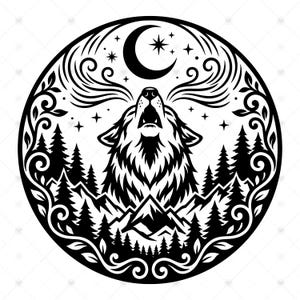 May include: A circular black and white graphic illustration featuring a wolf howling at a crescent moon and stars. The scene includes a mountain range and a dense pine forest, all framed by decorative swirling foliage patterns in a circular border.