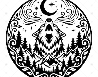 Wolf Howling SVG PNG: Boho Forest Circle, Crescent Moon Botanical, Celestial Wolf Shirt, Wall Art, SVG, Instant Download