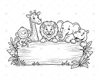 Jungle Animals Sign SVG PNG: Safari Kids Name Frame, Cute Zoo Scene, Nursery Welcome Sign, Baby Shower, SVG, Instant Download