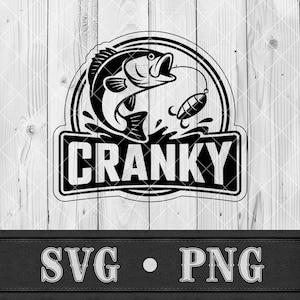 May include: Black and white graphic design featuring a leaping fish with a fishing lure, set within a circular frame. The word "CRANKY" is displayed in a rectangular box below the fish. The bottom of the image displays "SVG • PNG".