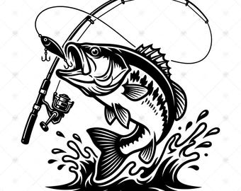 Pêche à l'achigan SVG PNG : scène de leurre achigan à grande bouche, cadeau de papa pêcheur, décoration de maison sur le lac, SVG, téléchargement immédiat