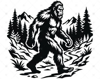 Bigfoot SVG PNG: Scena di montagna e foresta con Sasquatch, maglietta per avventura all'aria aperta, regalo a tema criptidi, campeggio, SVG, download immediato