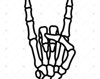 Main squelette rock sur PNG SVG : geste de cornes du diable, chemise musique rock, Halloween, autocollant punk, SVG, téléchargement immédiat