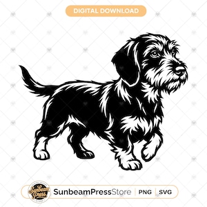May include: A black and white digital graphic illustration of a wire-haired dog standing in profile. The design features high-contrast lines and includes the text DIGITAL DOWNLOAD at the top and SunbeamPressStore PNG SVG at the bottom.