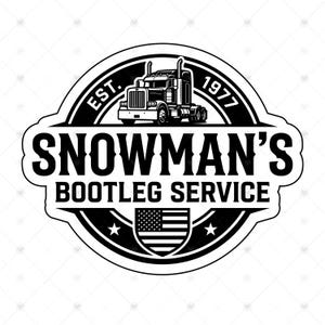 May include: A black and white circular emblem featuring a semi-truck graphic at the top with the text EST. 1977. The centre text reads SNOWMAN'S BOOTLEG SERVICE. Below this, a shield icon displays the American flag flanked by two five-pointed stars.