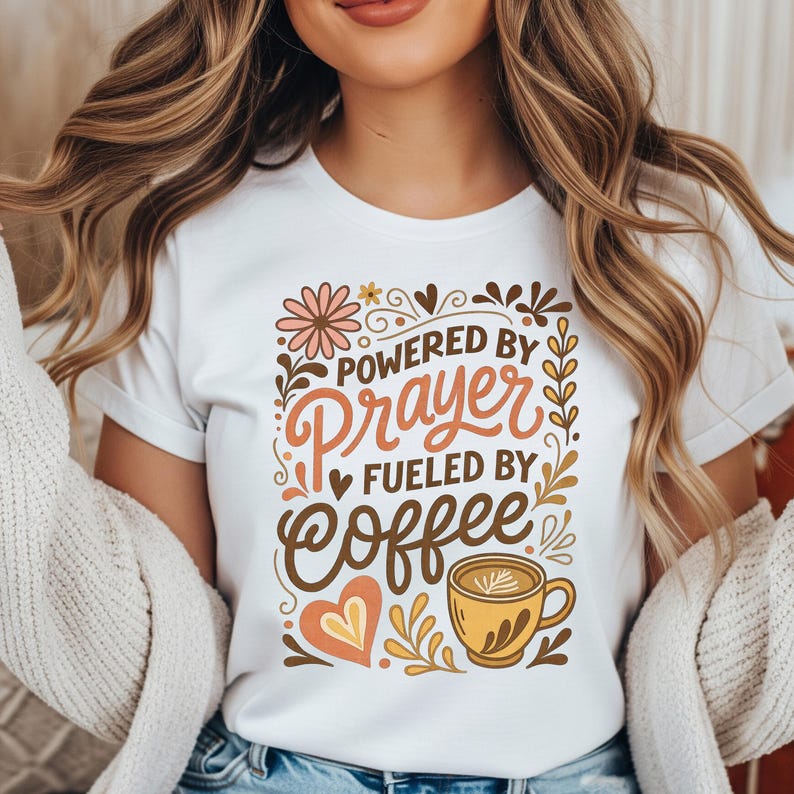 May include: White t-shirt with the text "Powered by Prayer Fueled by Coffee." The design includes floral and heart accents, a coffee cup, and the words in brown and orange colors.