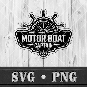 May include: Black and white graphic design featuring a ship's wheel above the words "MOTOR BOAT CAPTAIN" in a rectangular frame. A star is at the bottom of the frame. The background is a light wood grain.