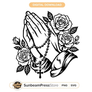 Puede incluir: Gráfico digital en blanco y negro de manos rezando con un rosario y rosas. La imagen incluye el texto "DESCARGA DIGITAL" en la parte superior y "SunbeamPressStore" en la parte inferior, junto con "PNG" y "SVG".