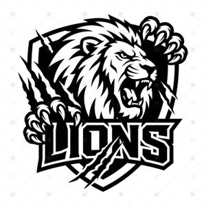 Puede incluir: Una ilustración gráfica en blanco y negro de una cabeza de león rugiendo centrada en un emblema de escudo. El diseño presenta marcas de garras afiladas que atraviesan el escudo y la palabra LIONS en letras mayúsculas de bloque.