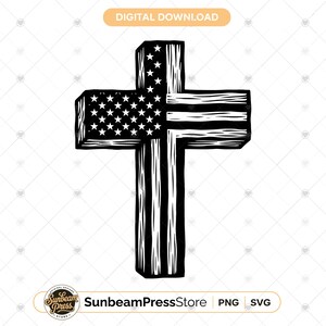 May include: A black and white graphic illustration of a cross featuring the American flag pattern. The design incorporates stars in the upper left section and horizontal stripes across the remaining areas, rendered with a textured, wood-grain effect.