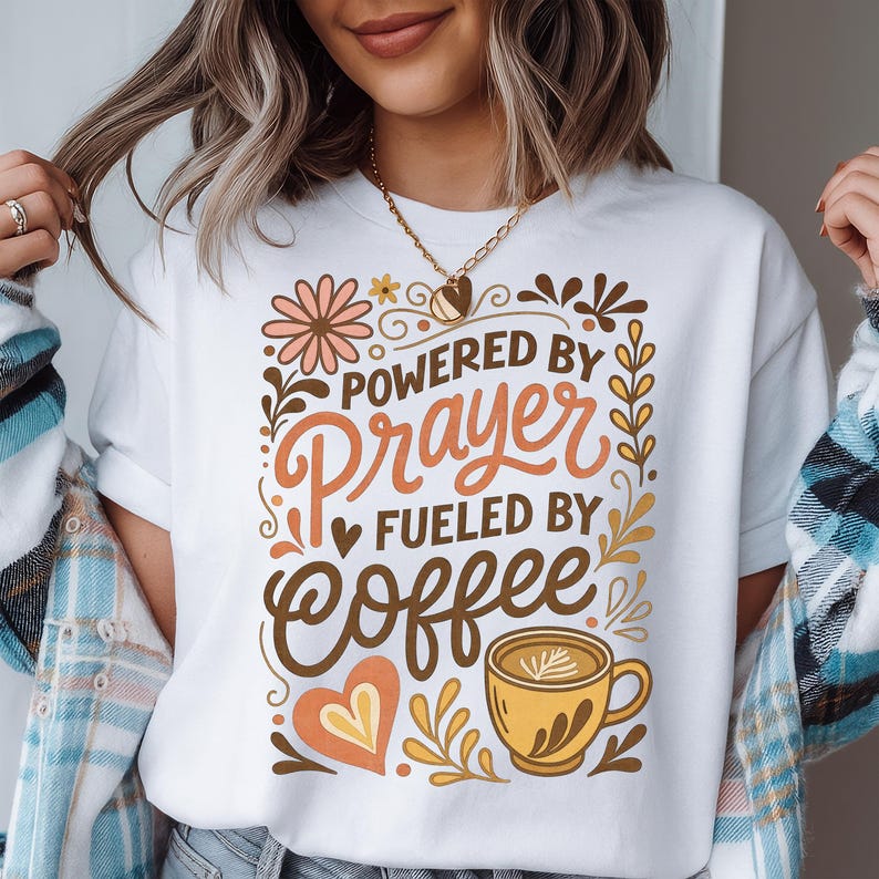 May include: White t-shirt with the text "POWERED BY Prayer FUELED BY Coffee" in brown and orange. The design includes floral and coffee cup illustrations. The shirt is a casual wear item.