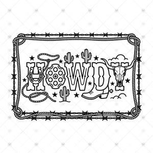 Howdy Western SVG voor Cricut, Cowboy Boot en Longhorn Skull Clipart PNG, Country Cowgirl Lasergesneden Ontwerp, Prikkeldraad Frame Vector