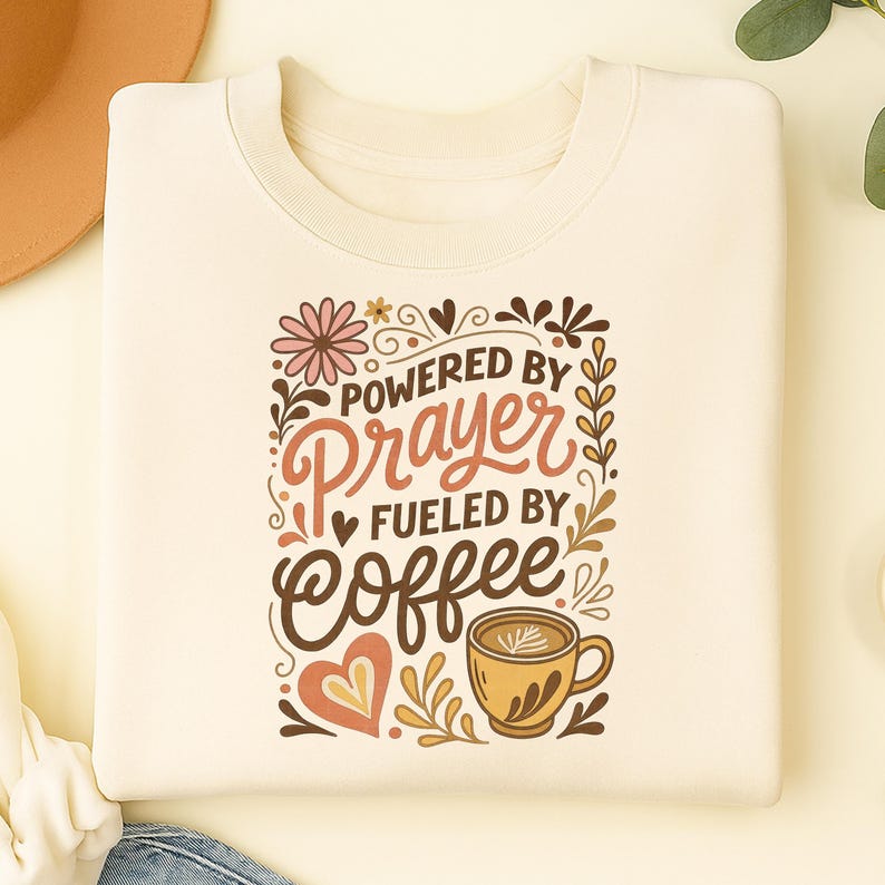 May include: Cream-colored sweatshirt with the text "Powered by Prayer Fueled by Coffee" in a decorative design. The graphic includes a coffee cup, flowers, and hearts in shades of brown, pink, and yellow.